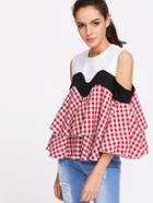 Shein Contrast Gingham Plaid Open Shoulder Ruffle Tiered Top