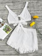Shein Split Knot Front Bow Tie Backless Pleat Crop Top With Shorts