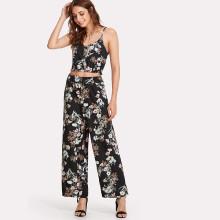 Shein Random Florals Crop Cami Top With Wide Pants