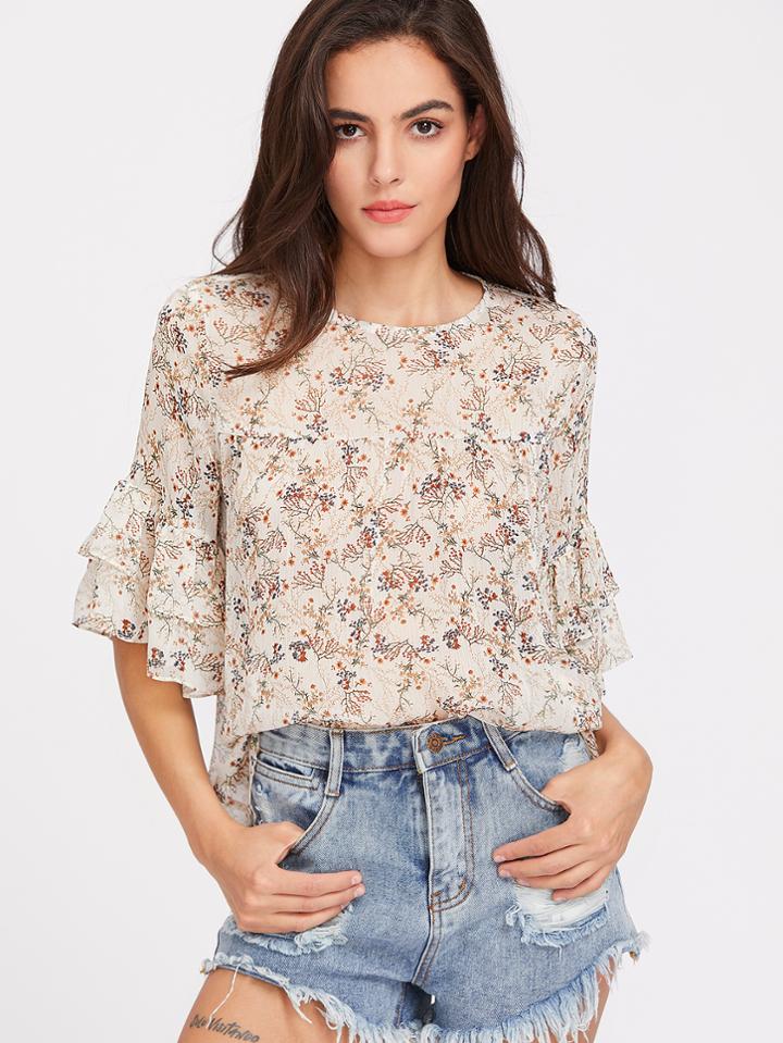 Shein Blossom Print Layered Ruffle Sleeve Top