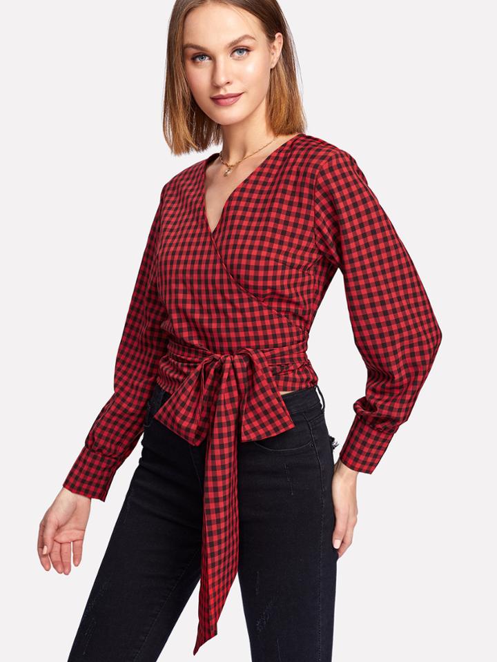 Shein Surplice Wrap Tie Front Check Plaid Blouse