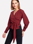 Shein Surplice Wrap Tie Front Check Plaid Blouse