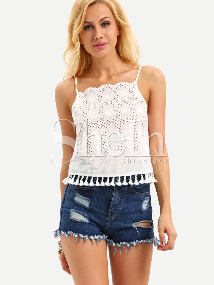 Shein Beige Spaghetti Strap Hollow Tassel Top