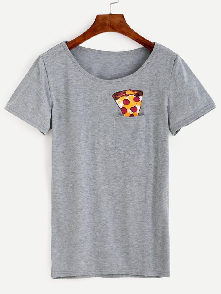 Shein Grey Ice Cream Print Pocket T-shirt