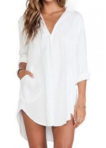 Rosewe Asymmetric White Pocket Design Long Sleeve Blouse