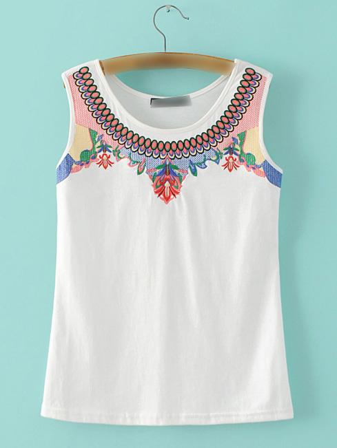 Shein White Embroidery Casual Tank Top