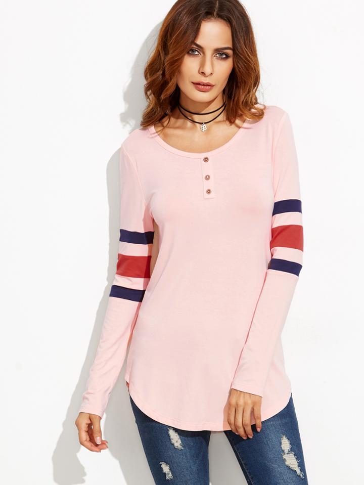Shein Pink Button Front Varsity Striped Sleeve T-shirt