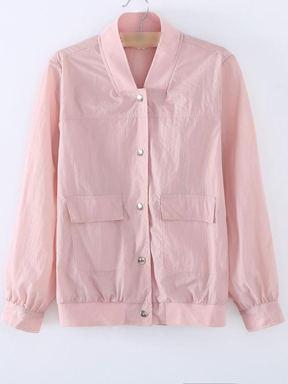 Shein Pink Crew Neck Button Pocket Jacket