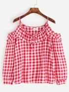 Shein Red Gingham Cold Shoulder Ruffle Top