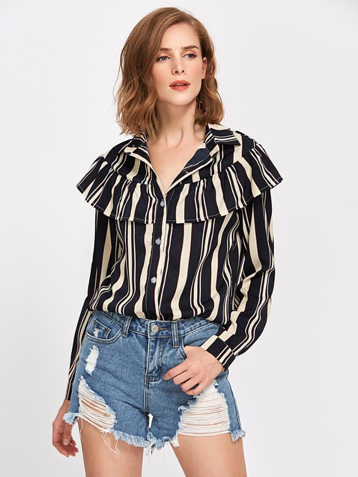 Shein Contrast Vertical Striped Frill Layered Shirt