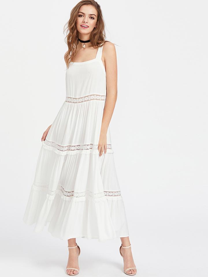 Shein Floral Lace And Ruffle Detail Thick Strap Dress