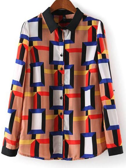 Shein Multicolor Long Sleeve Geometric Print Blouse