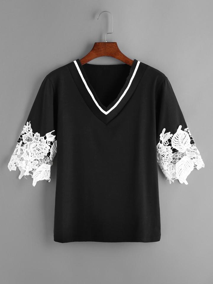 Shein Black V Neck Contrast Crochet Lace T-shirt