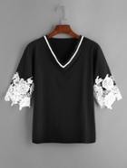 Shein Black V Neck Contrast Crochet Lace T-shirt