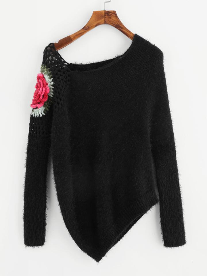Shein Flower Panel Eyelet One Shoulder Asymmetrical Jumper