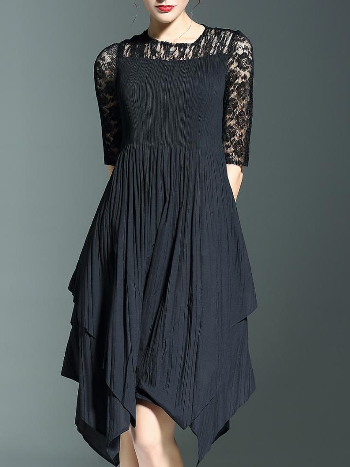 Shein Black Half Sleeve Pleated Contrast Lace Asymmetric Dress