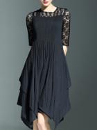 Shein Black Half Sleeve Pleated Contrast Lace Asymmetric Dress