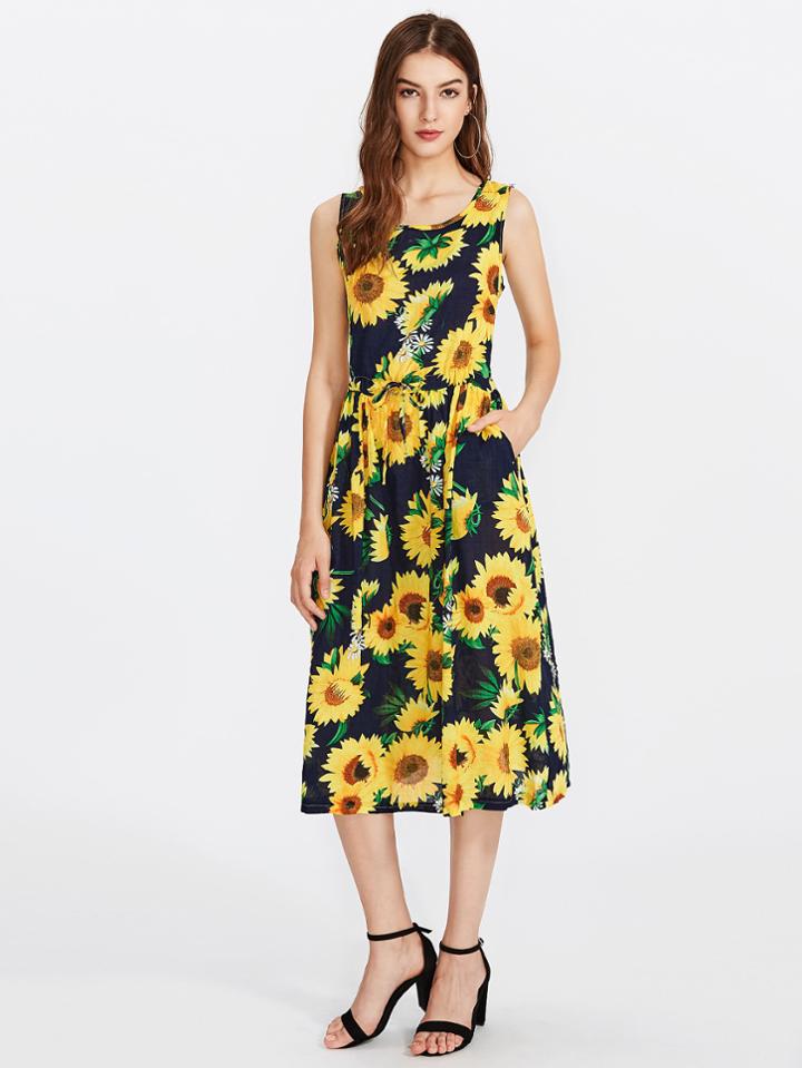 Shein All Over Sunflower Print Swing Dress