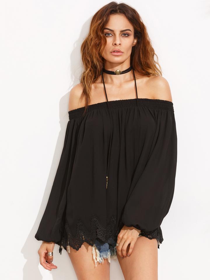 Shein Black Lace Hem Off The Shoulder Long Sleeve Blouse