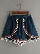 Shein Dark Blue Pom Pom Embroidered Tape Detail Shorts