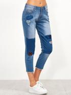 Shein Blue Ripped Frayed Crop Jeans With Embroidered Patch
