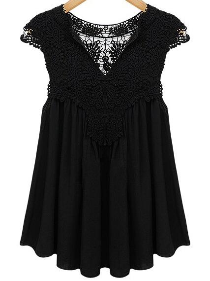 Shein Lace Insert Cap Sleeve Swing Chiffon Top - Black
