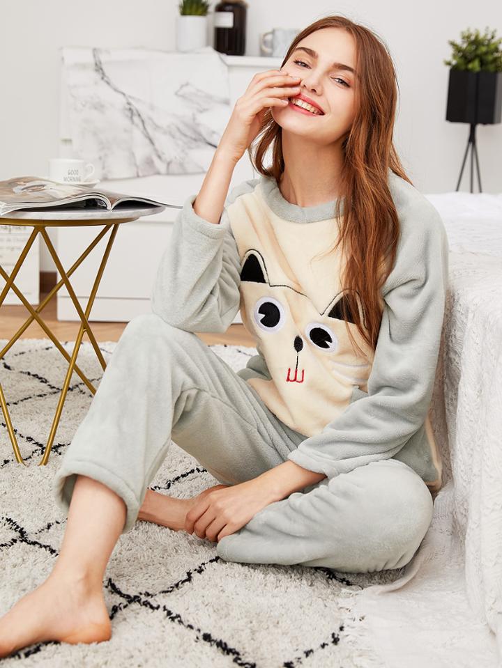 Shein Cartoon Embroidered Plush Top & Pants Pj Set