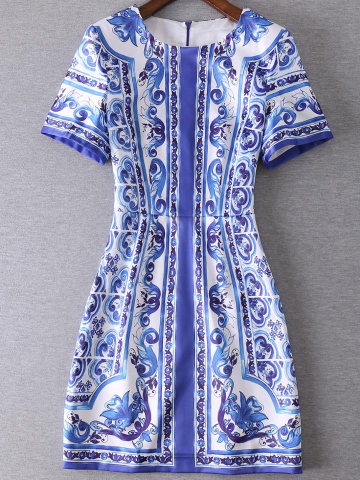 Shein White And Blue Porcelain Shift Dress