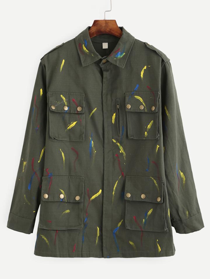 Shein Olive Green Brush Stroke Print Multi Pocket Outerwear