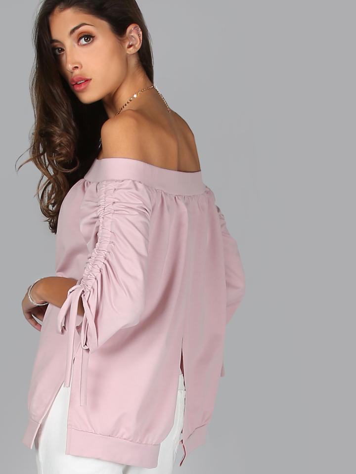 Shein Ruched Sleeve Bardot Split Back Top Dusty Pink