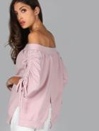 Shein Ruched Sleeve Bardot Split Back Top Dusty Pink