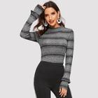 Shein Frill Detail Mock-neck Striped Marled Knit Top