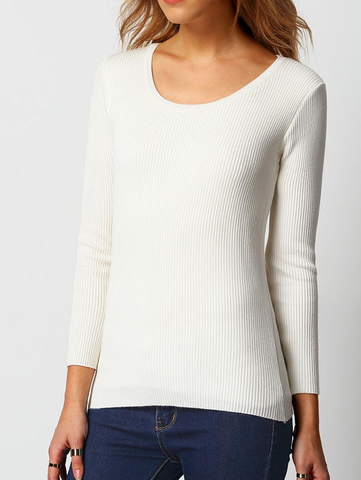 Shein White Long Sleeve Rib Slim Knitwear