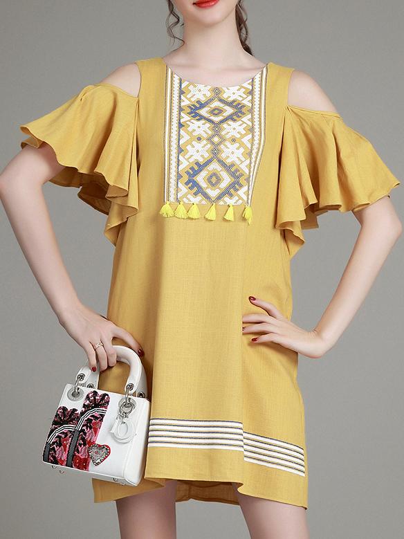 Shein Yellow Open Shoulder Embroidered Ruffle Dress