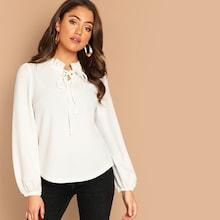 Shein Tie Neck Frill Trim Solid Top