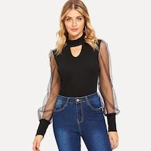 Shein Mesh Sleeve V-cut Choker Neck Fitted Top