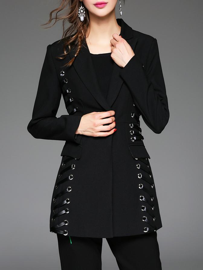 Shein Black Lapel Pockets Contrast Pu Coat