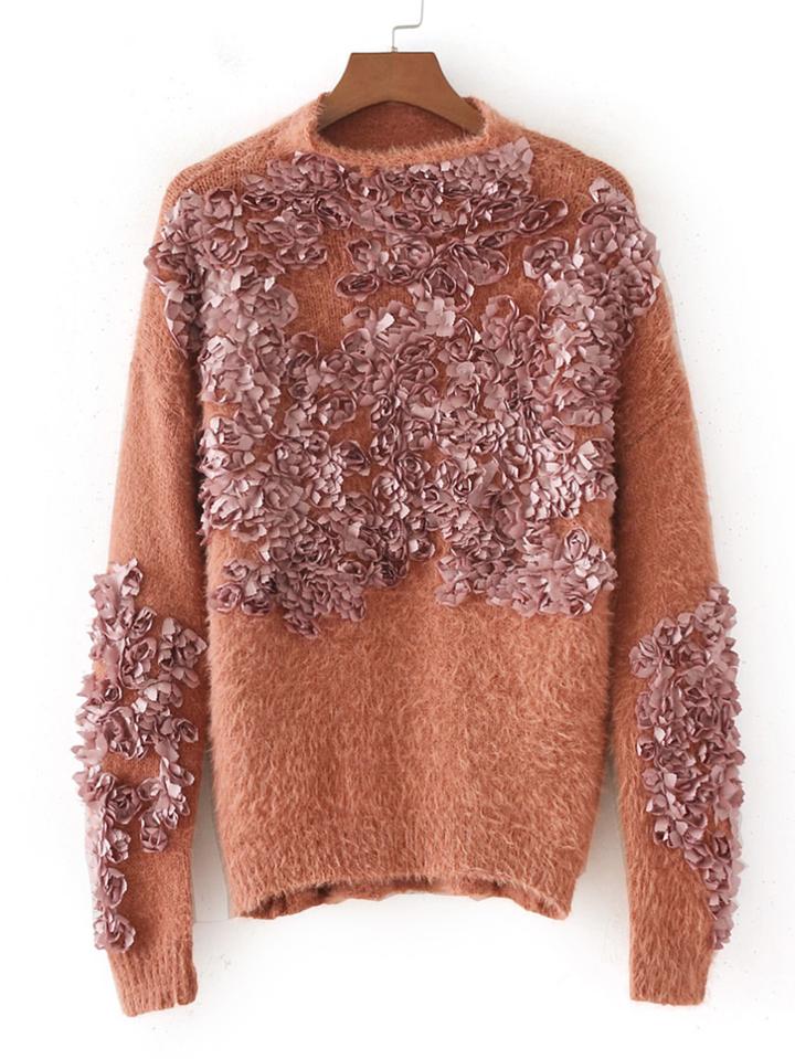 Shein Flower Applique Fuzzy Sweater