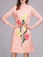 Shein Pink Flowers Applique Pouf Lace Dress