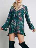 Shein Dark Green Long Sleeve Floral Dress