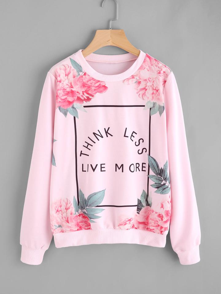 Shein Letter And Flower Print Sweatshirt