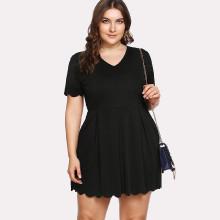 Shein Plus Scallop Trim Box Pleated Solid Dress