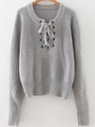 Shein Grey Eyelet Lace Up Ribbed Trim Sweater