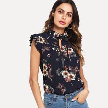 Shein Pearl Embellished Frill Trim Floral Top