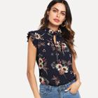 Shein Pearl Embellished Frill Trim Floral Top