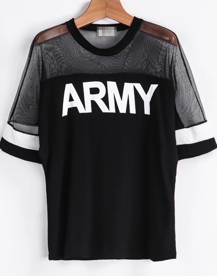 Shein Black Contrast Sheer Mesh Yoke Army Punk Comfortable Halloween Eve Sexey Print T-shirt