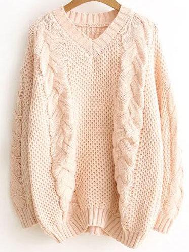 Shein Pink V Neck Cable Knit Loose Sweater
