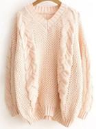 Shein Pink V Neck Cable Knit Loose Sweater