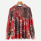 Shein Tie Neck Ruched Floral Print Blouse
