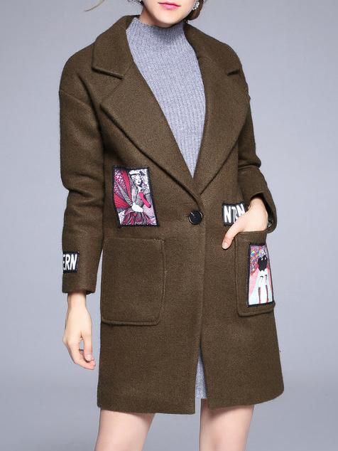 Shein Green Lapel Applique Pouf Pockets Coat